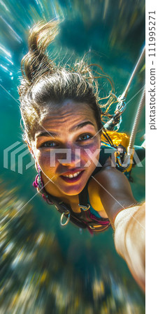 Adventure holiday. Selfie shot during bungee jumping. Ropejumping woman having fun, extreme sports concept, embracing freedom, excitement and adrenaline rush. 111995271