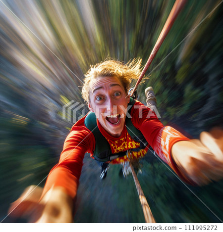 Adventure holiday. Selfie shot during bungee jumping. Ropejumping man having fun, extreme sports concept, embracing freedom, excitement and adrenaline rush. Adventure holiday. Selfie shot during bungee jumping. Ropejumping man having fun, extreme sports concept, embracing freedom, excitement and adrenaline rush. 111995272