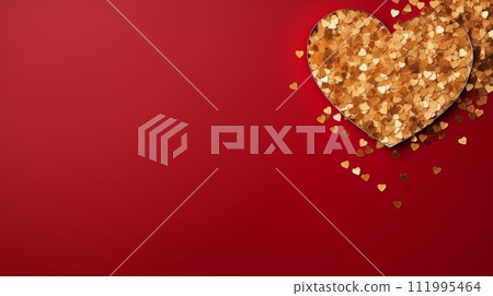 Golden confetti in the shape of a heart lie on the left on a minimalistic red background with large copyspace area 111995464