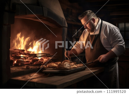 a chef preparing meat in front of fireplace, a chef preparing meat in front of fireplace, 111995520