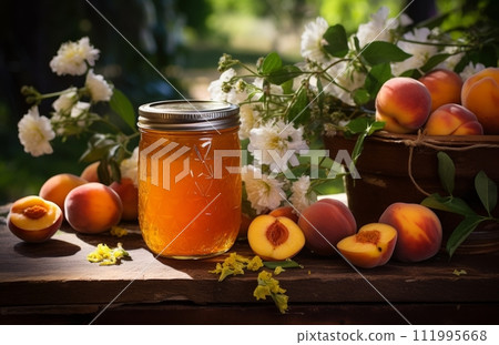 peach jam fills the jar and leaves 111995668