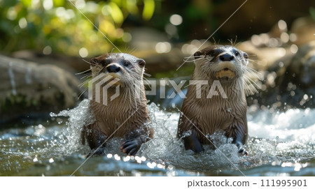 Playful otters frolicking in sparkling river streams, their antics bringing joy to onlookers. 111995901