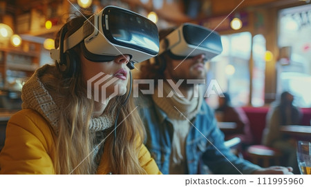 Friends Exploring Virtual Realities in Cafe 111995960