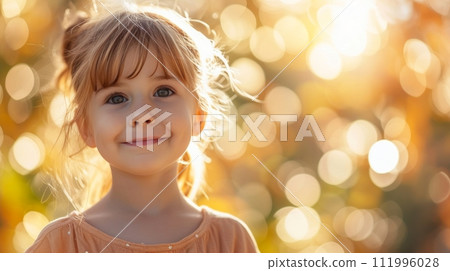 A playful twinkle in the eye, capturing the spontaneity and lightness of being in moments of joy and laughter 111996028