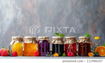 Minimalist backgrounds adorned with jars of colorful preserves, creating a delightful and charming scene 111996207