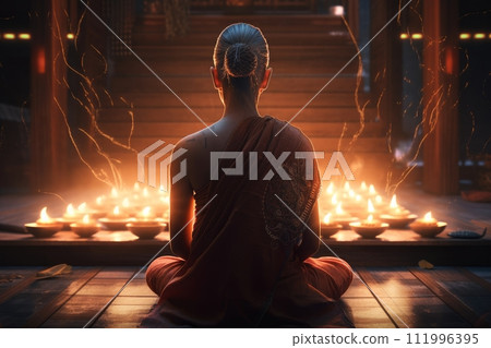Monk in Yoga Lotus Pose with Flames and Lightnings, Connecting to Meditative Space, Generative AI 111996395