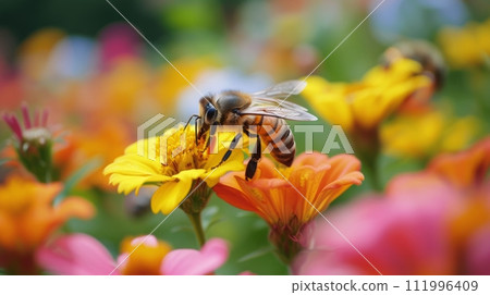 Bees gather nectar from colorful blooms, creating nature's sweet masterpiece 111996409