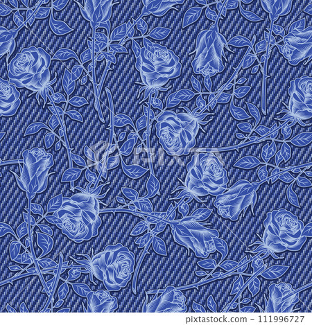 Denim floral seamless pattern with roses. Lush blooming flowers with stem, leaves on blue jeans texture. Outline, inverse, negative illustration. For prints, clothing, t shirt, surface design. Not AI 111996727