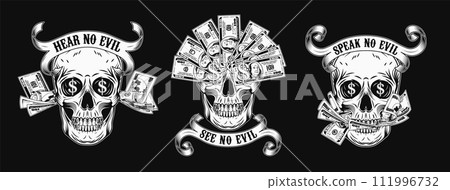 Labels with skull, cash money, 100 dollar bills, dollar sign, vintage ribbon. Creative interpretation of Three wise monkeys. Text See, hear, speak no evil. Corruption concept. Black background. 111996732