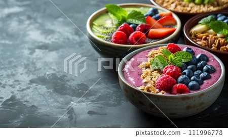 Acai bowls, chia seed puddings, and green smoothies are elegantly arranged on marble surfaces 111996778