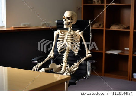 Working to Death: Skeleton in Office Chair Illustration for Office Environment Concept, Generative AI Working to Death: Skeleton in Office Chair Illustration for Office Environment Concept, Generative AI 111996954