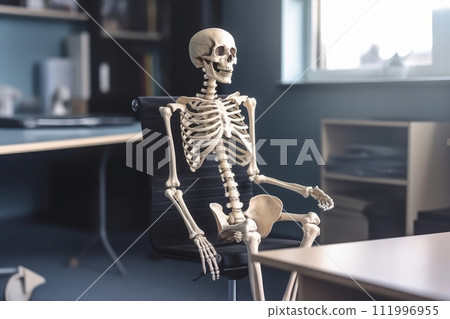 Working to Death: Skeleton in Office Chair Illustration for Office Environment Concept, Generative AI Working to Death: Skeleton in Office Chair Illustration for Office Environment Concept, Generative AI 111996955