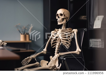 Working to Death: Skeleton in Office Chair Illustration for Office Environment Concept, Generative AI Working to Death: Skeleton in Office Chair Illustration for Office Environment Concept, Generative AI 111996956