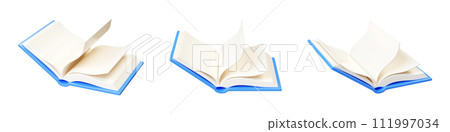 Open book 3d render illustration set - literature with white paper pages and blue glossy hardcover lying in different angles of view. Textbook for education, reading and bookstore concept. Open book 3d render illustration set - literature with white paper pages and blue glossy hardcover lying in different angles of view. Textbook for education, reading and bookstore concept. 111997034