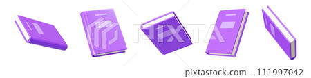 Closed flying in air paper book 3d render illustration set. Textbook and literature elements with purple hardcover floating in different angles of view for education, reading and bookshop concept. Closed flying in air paper book 3d render illustration set. Textbook and literature elements with purple hardcover floating in different angles of view for education, reading and bookshop concept. 111997042