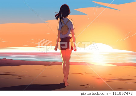 Solitary Stroll: Beautiful Anime Girl Walking Towards the Setting Sun at Beach, Sunset, Generative AI Solitary Stroll: Beautiful Anime Girl Walking Towards the Setting Sun at Beach, Sunset, Generative AI 111997472