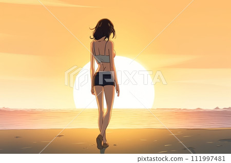 Solitary Stroll: Beautiful Anime Girl Walking Towards the Setting Sun at Beach, Sunset, Generative AI 111997481