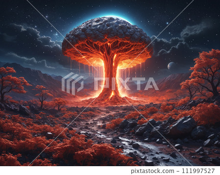 Night landscape with an alien tree 111997527