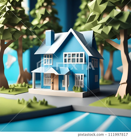 AI-generated content. The Blue Haven: A Paper House Amongst Natures Canopy. Generative AI 111997817