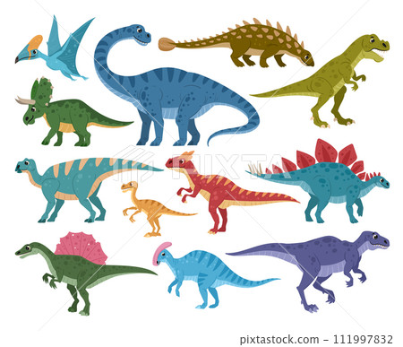 Dinosaurs set. Cartoon ancient reptiles, jurassic predators and herbivores, t rex, cute diplodocus, pterodactyl, brontosaurus flat vector illustration collection. Prehistoric dinos Dinosaurs set. Cartoon ancient reptiles, jurassic predators and herbivores, t rex, cute diplodocus, pterodactyl, brontosaurus flat vector illustration collection. Prehistoric dinos 111997832
