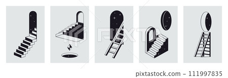 Geometric ladder posters. Abstract surreal stairs, modern 3d design cards, monochrome another dimension stairs flat vector backdrop illustration set. Surreal ladders backgrounds 111997835