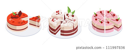 Isometric Birthday party cakes. Cakes with chocolate or vanilla frosting and berries, Birthday baked cakes 3d vector illustration set. Sweet pastry cakes 111997836