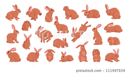 Spring bunnies. Cartoon Easter holiday rabbits, wildlife funny hare animals, ginger fur domestic bunny flat vector illustration set. Cute rabbits collection Spring bunnies. Cartoon Easter holiday rabbits, wildlife funny hare animals, ginger fur domestic bunny flat vector illustration set. Cute rabbits collection 111997839