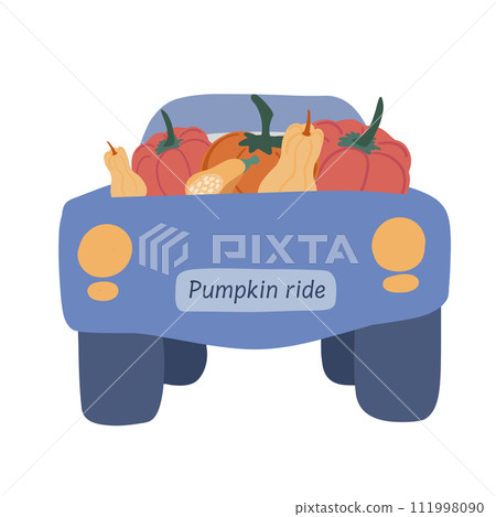 Blue truck with pumpkins back view flat design 111998090