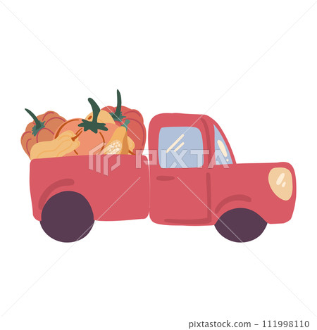 Red truck with pumpkins flat design set on white background Red truck with pumpkins flat design set on white background 111998110