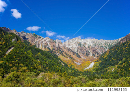Kamikochi during the autumn leaves season [Hodaka mountain range seen from Kappa Bridge] 111998163