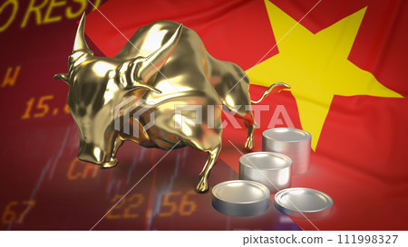 The Gold Bull on Vietnam Flag for Business concept 3d rendering. 111998327