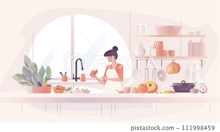 AI-generated content. Serene Kitchen Scene With Woman Preparing the meal 111998459