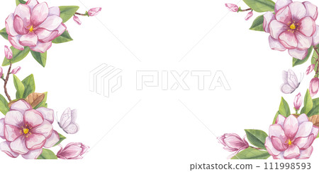 Pink magnolia banner frame. Branch flower, buds, leaves, white butterfly. Blooming floral clipart. Hand drawn watercolor illustration isolated background. Botanical element for wedding invitation Pink magnolia banner frame. Branch flower, buds, leaves, white butterfly. Blooming floral clipart. Hand drawn watercolor illustration isolated background. Botanical element for wedding invitation 111998593