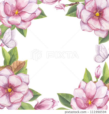 Pink magnolia round frame, place for text. Branch flower, buds, leaves, white butterfly. Blooming floral clipart. Hand drawn watercolor illustration isolated background. Botanical element for wedding 111998594