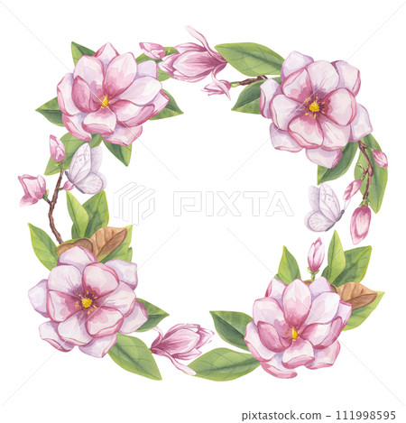Pink magnolia wreath round frame, place for text. Branch flower, buds, leaves, white butterfly. Blooming floral clipart. Hand drawn watercolor illustration isolated background. Botanical for wedding Pink magnolia wreath round frame, place for text. Branch flower, buds, leaves, white butterfly. Blooming floral clipart. Hand drawn watercolor illustration isolated background. Botanical for wedding 111998595