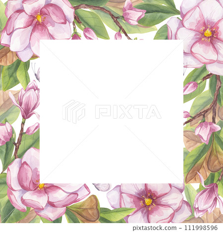 Pink magnolia square frame, place for text. Branch flower, buds, leaves, white butterfly. Blooming floral clipart. Hand drawn watercolor illustration isolated background. Botanical element for wedding Pink magnolia square frame, place for text. Branch flower, buds, leaves, white butterfly. Blooming floral clipart. Hand drawn watercolor illustration isolated background. Botanical element for wedding 111998596