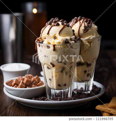 AI-generated content. Ice cream scoops with chocolate chips. AI generation AI-generated content. Ice cream scoops with chocolate chips. AI generation 111998705