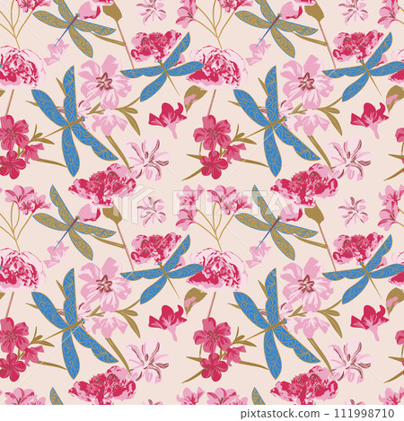 Peony flowers with dragonflies nature landscape. asian oriental style 111998710