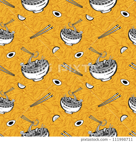 Seamless pattern with Asian food dish and chopsticks in geometric pattern 111998711