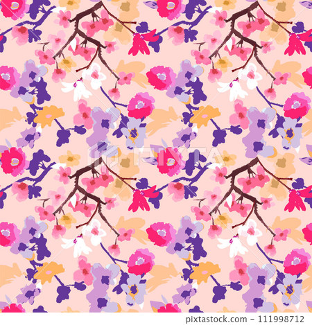 Flower repeat seamless pattern for fabric. Blooming flowers in spring. Scribble trendy background	 111998712