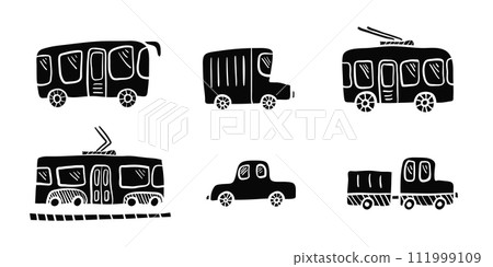 Cute black doodle linocut style city transport. Childish sketchy block print tramway, trolley, bus, cur for children educational or fun app or book, sticker, cards design 111999109