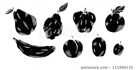 Set of black vector linocut style fruits illustrations. Cute textured apple, pear, lemon quince, banana for design, cooking and shop advertisement, banners, sticker, package Set of black vector linocut style fruits illustrations. Cute textured apple, pear, lemon quince, banana for design, cooking and shop advertisement, banners, sticker, package 111999110