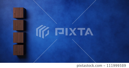 藍色斑駁背景上的木製立方體。複製空間。 3D（水平） 111999389