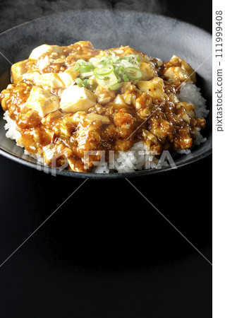 A photo of piping hot mapo bowl topped with plenty of tofu and green onion against a black background A photo of piping hot mapo bowl topped with plenty of tofu and green onion against a black background 111999408