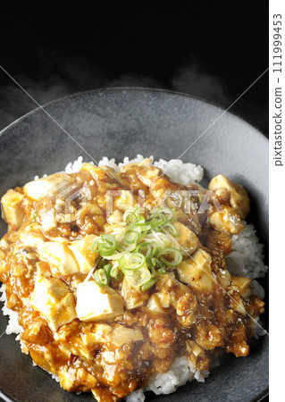 黑色背景下滾燙的麻婆碗的頭頂照片,上面放著大量的豆腐和蔥 黑色背景下滾燙的麻婆碗的頭頂照片,上面放著大量的豆腐和蔥 111999453