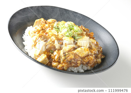 A photo of piping hot mapo bowl topped with plenty of tofu and green onion against a white background A photo of piping hot mapo bowl topped with plenty of tofu and green onion against a white background 111999476