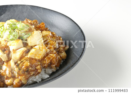一張白色背景下熱騰騰的麻婆碗的照片,上面放著大量的豆腐和蔥 一張白色背景下熱騰騰的麻婆碗的照片,上面放著大量的豆腐和蔥 111999483