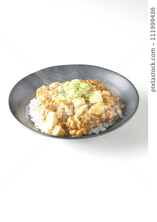 A photo of piping hot mapo bowl topped with plenty of tofu and green onion against a white background A photo of piping hot mapo bowl topped with plenty of tofu and green onion against a white background 111999486