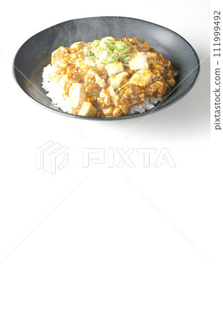A photo of piping hot mapo bowl topped with plenty of tofu and green onion against a white background A photo of piping hot mapo bowl topped with plenty of tofu and green onion against a white background 111999492
