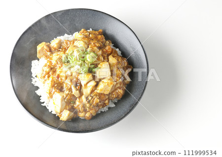 鳥瞰白色背景下滾燙的麻婆碗,上面放著大量的豆腐和蔥 鳥瞰白色背景下滾燙的麻婆碗,上面放著大量的豆腐和蔥 111999534